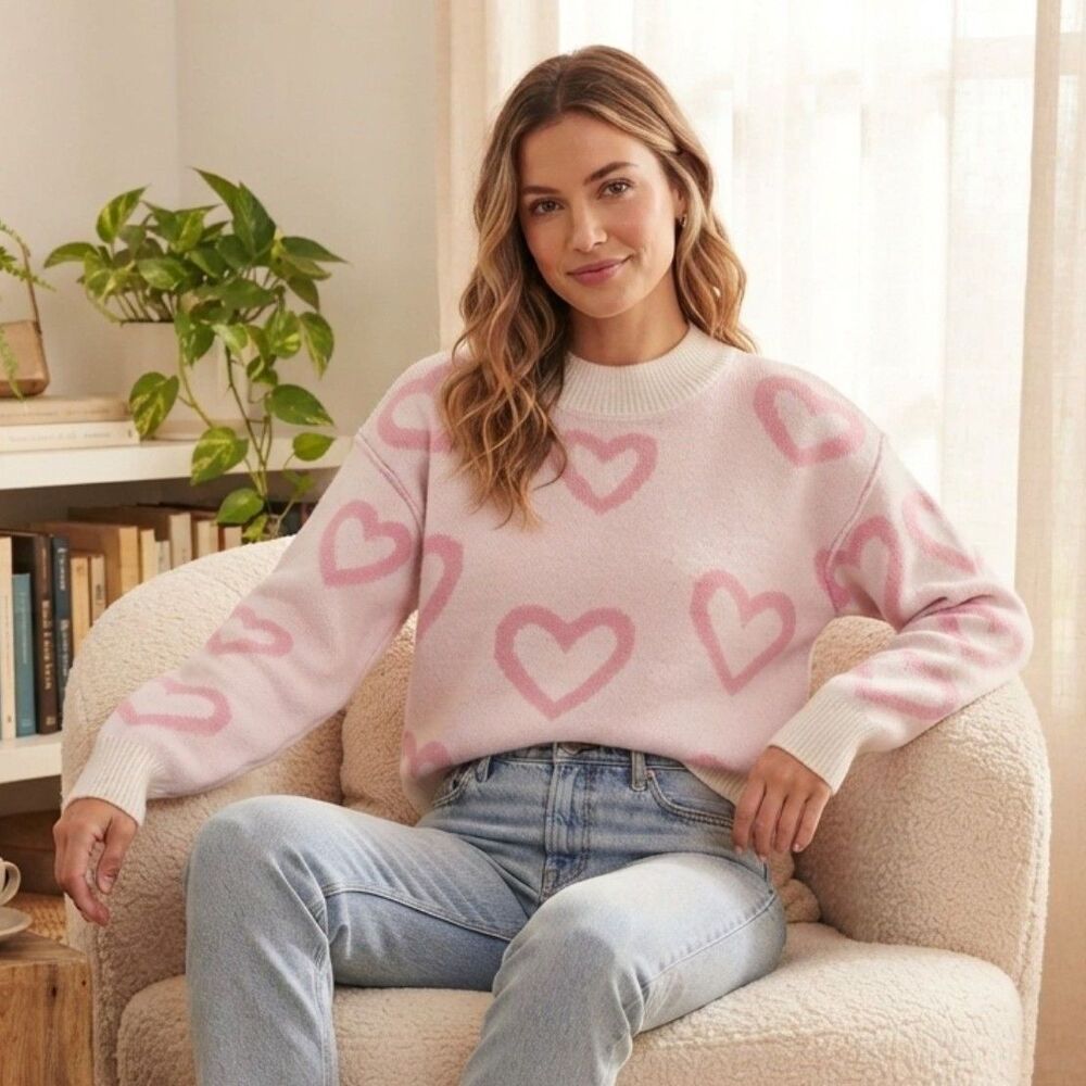 Major Label Group Pink Heart Print Mock Neck Knit Sweater Small Cozy Winter Fall